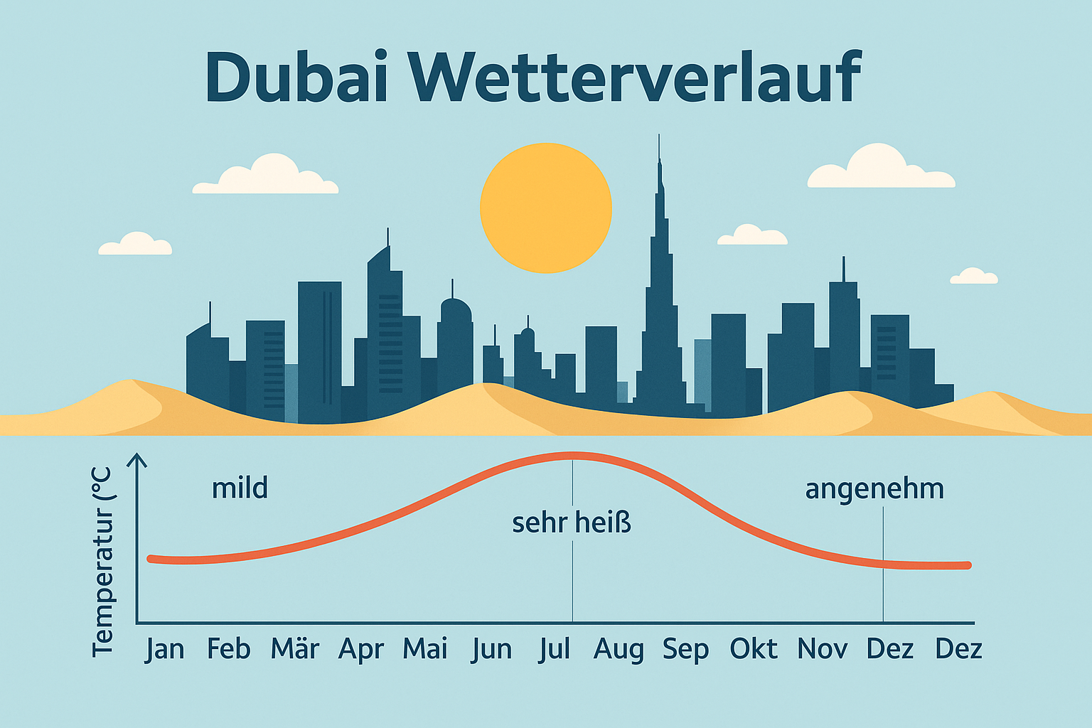 Infografik mit Klimadiagramm für Dubai. Sie zeigt Temperaturverlauf und saisonale Reiseempfehlungen im Jahresverlauf – ideal zur Planung.