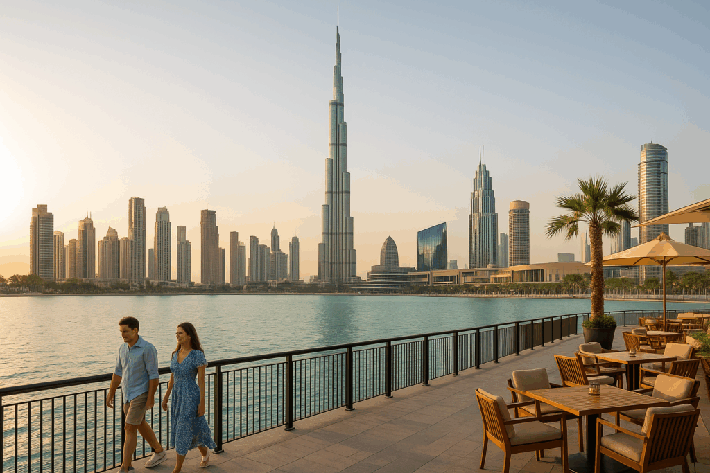 Menschen sitzen draußen auf einer Terrasse mit Blick auf Dubais Skyline – ideale Bedingungen für Outdoor-Aktivitäten