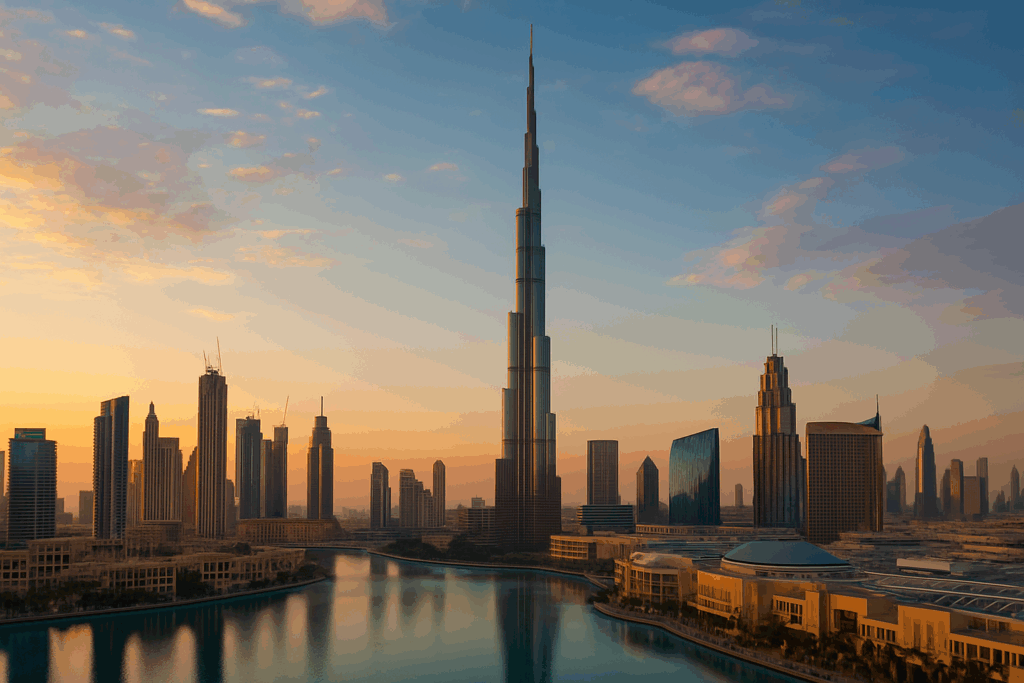 Skyline von Dubai in der Abendsonne, aufgenommen während der besten Reisezeit im Winterhalbjahr. Die Szenerie zeigt klare Sicht, mildes Licht und eine entspannte Atmosphäre.