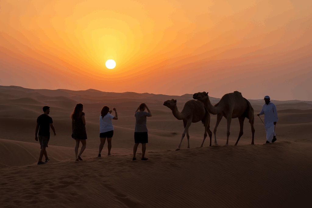 Sonnenuntergang in der Wüste mit Touristen auf Kamelen, die in warmes Licht getaucht sind. Die Szene vermittelt Ruhe, Weite und das besondere Erlebnis einer Wüstensafari.