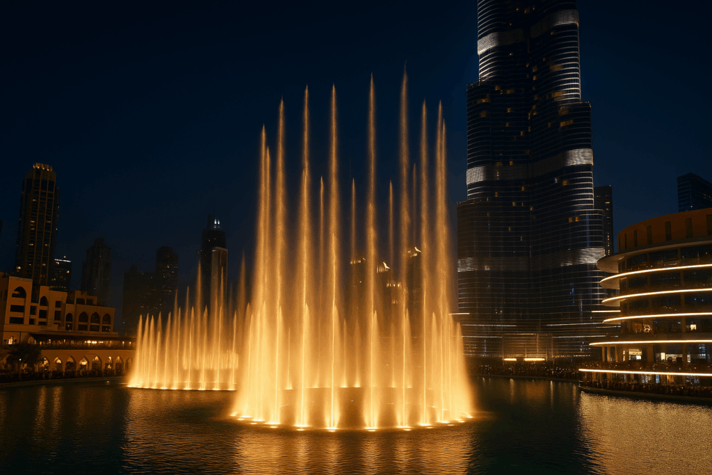 Wasserfontänen tanzen vor dem beleuchteten Burj Khalifa in der Abenddämmerung. Besucher beobachten das Spektakel bei angenehmem Wetter.