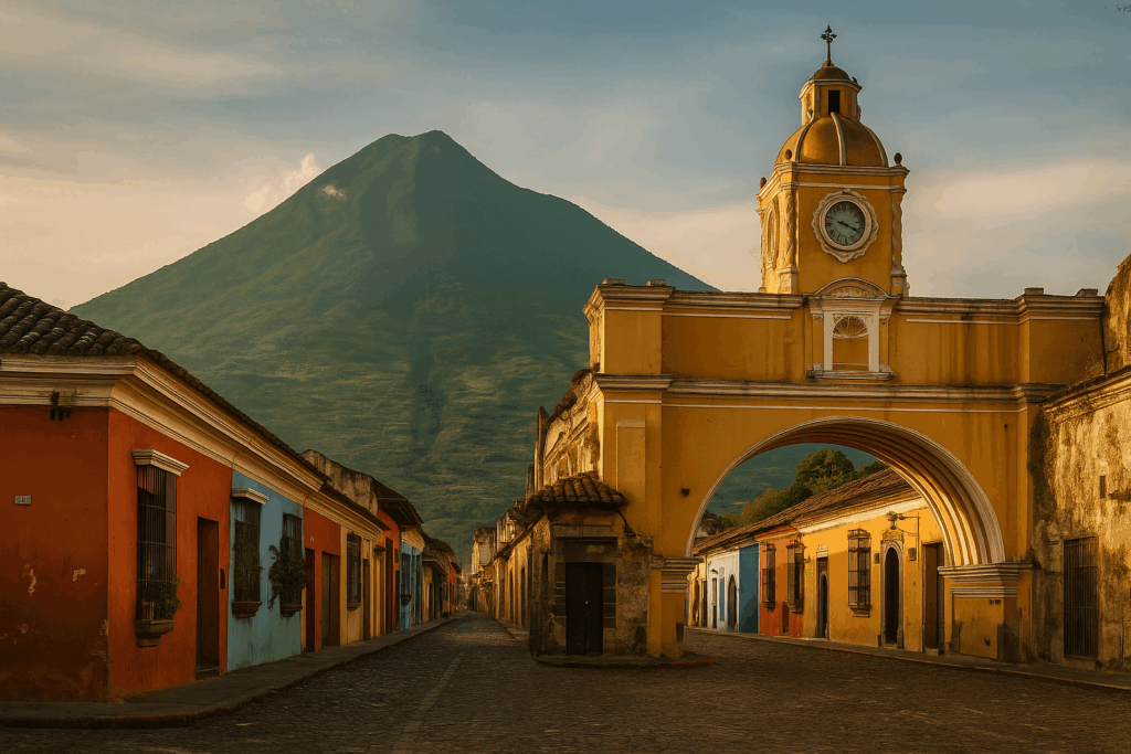 Blick auf koloniale Architektur in Antigua mit Vulkanlandschaft im Hintergrund - Sehenswürdigkeiten rund um den Acatenango
