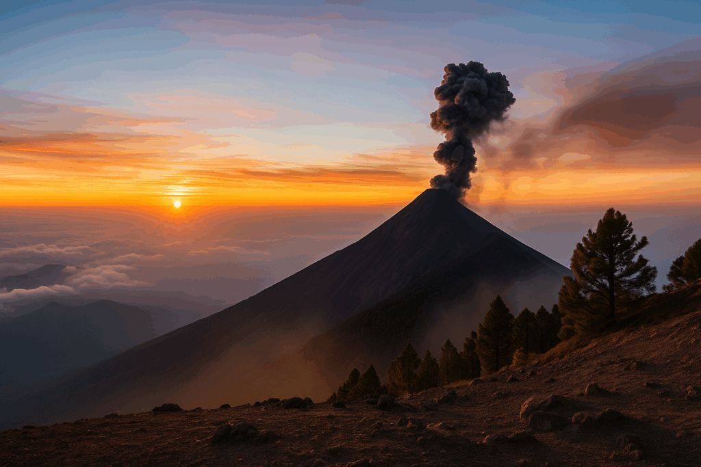 Sonnenaufgang über den Wolken vom Gipfel des Acatenango - ein magischer Moment in großer Höhe
