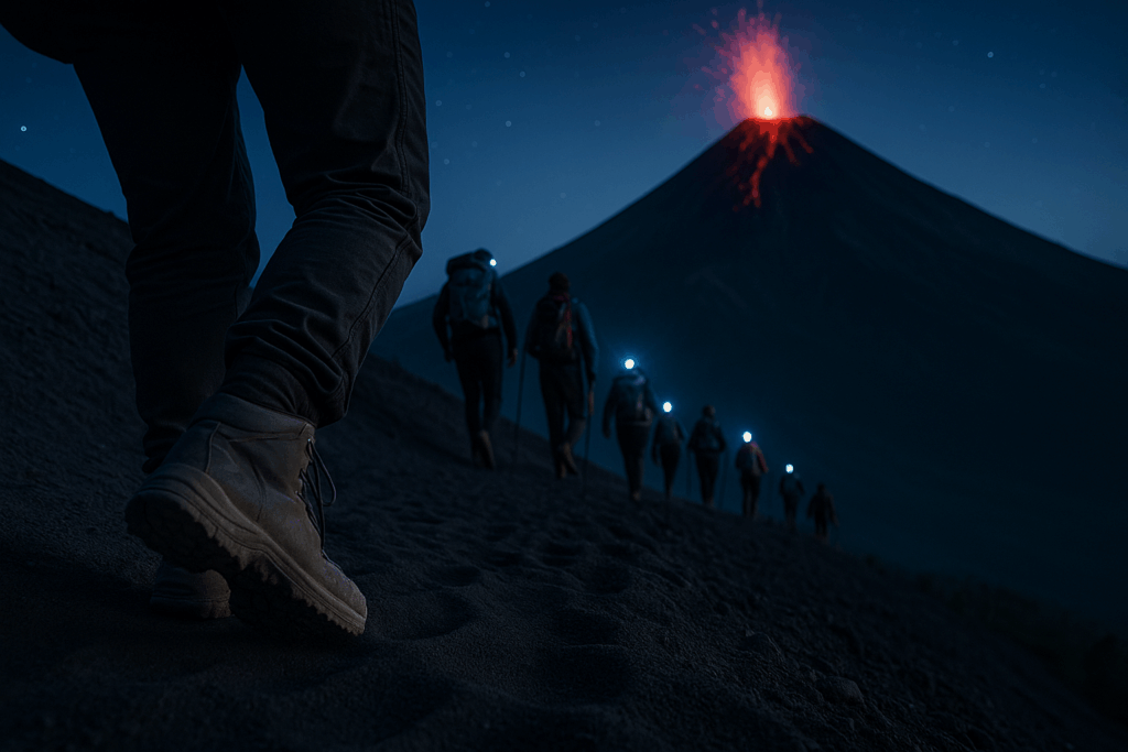 Wanderer im Nebel am Hang des mächtigen Riesen von Guatemala - mystische Atmosphäre kurz vor dem Gipfelcamp