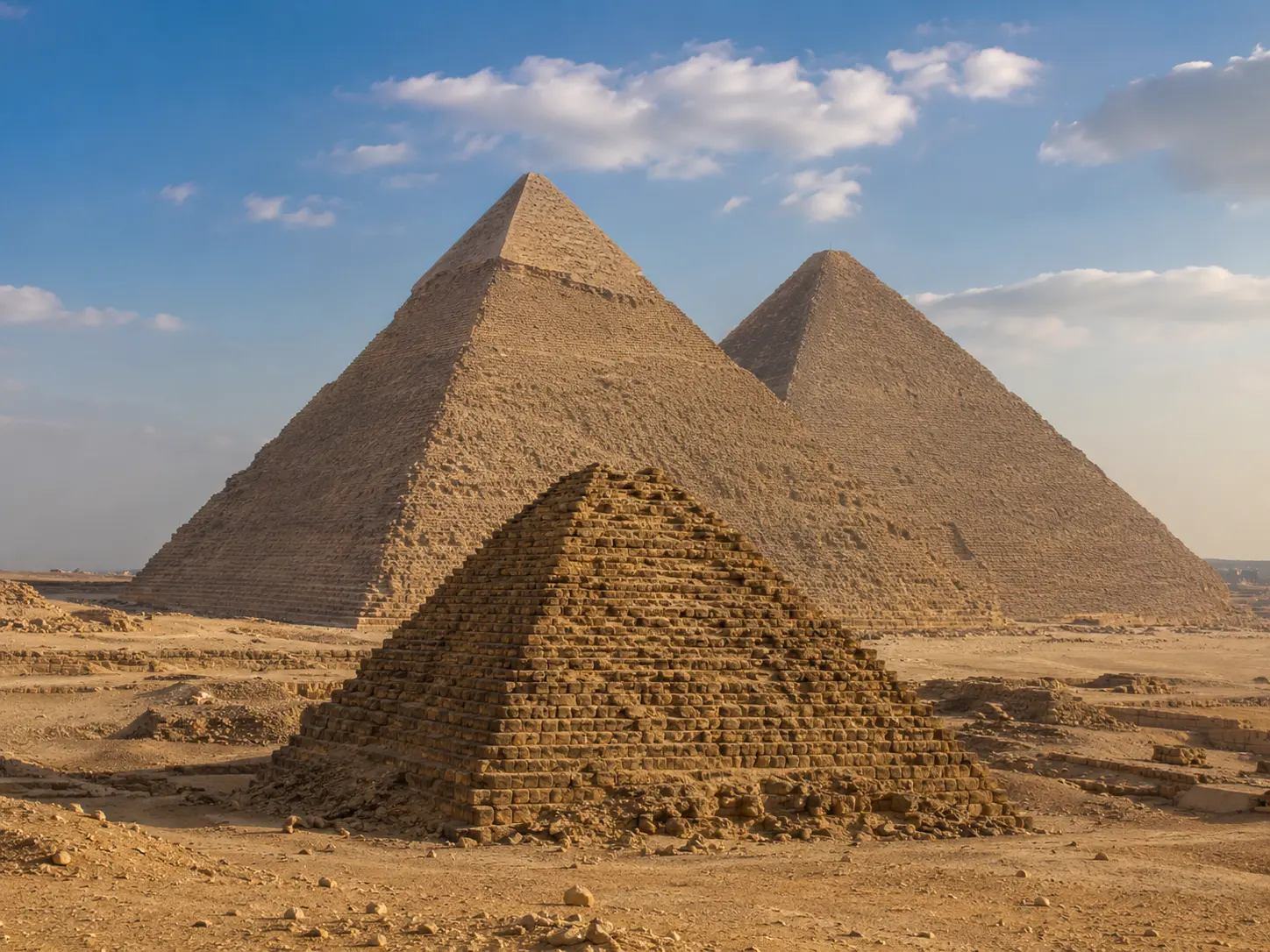 Mykerinos-Pyramide in Gizeh mit Blick auf die Chephren- und Cheops-Pyramide im Hintergrund unter klarem Himmel