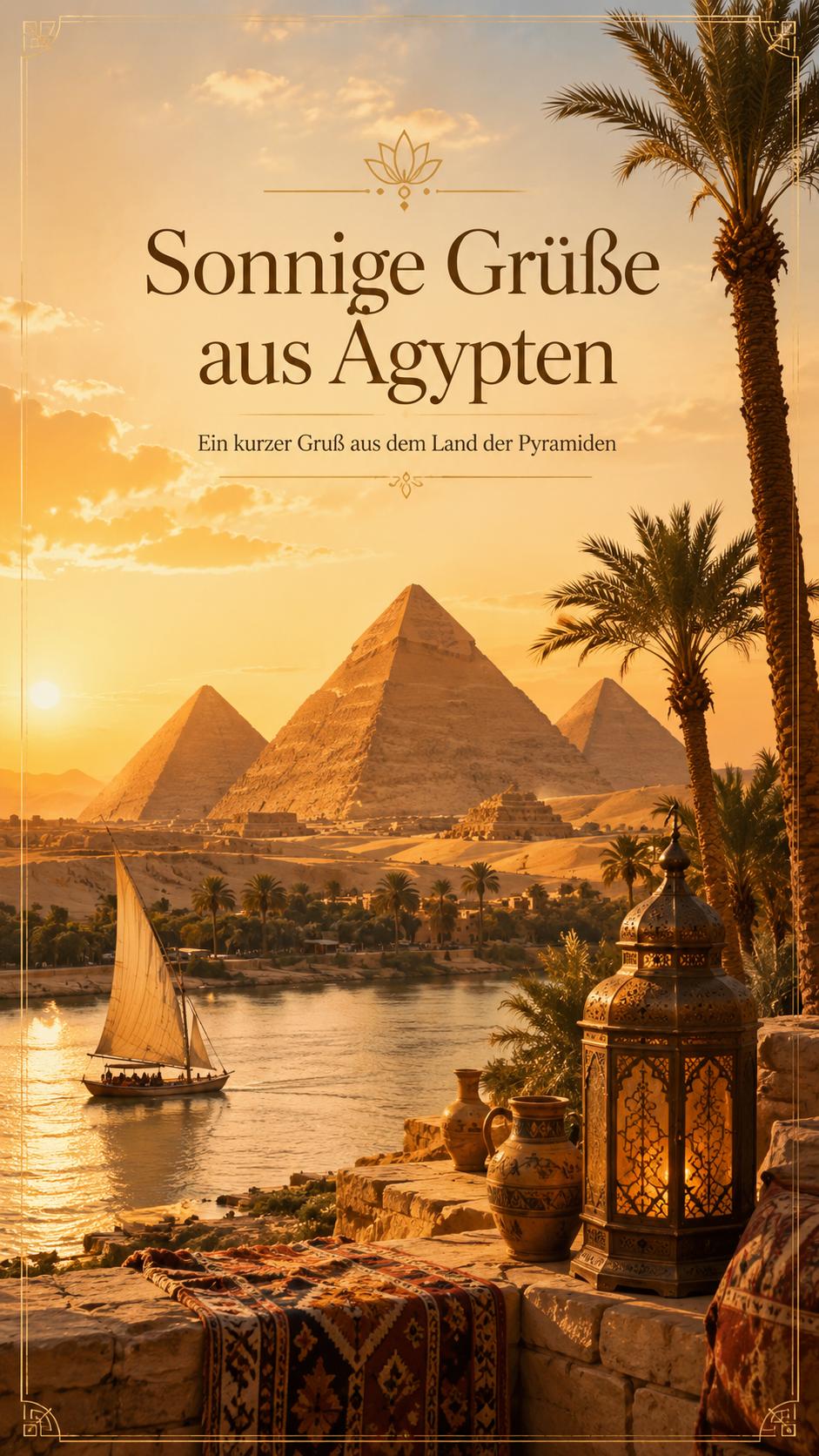 Reisegrußkarte aus Ägypten - sonnige Grüße aus dem Land der Pyramiden mit Nil und Feluke